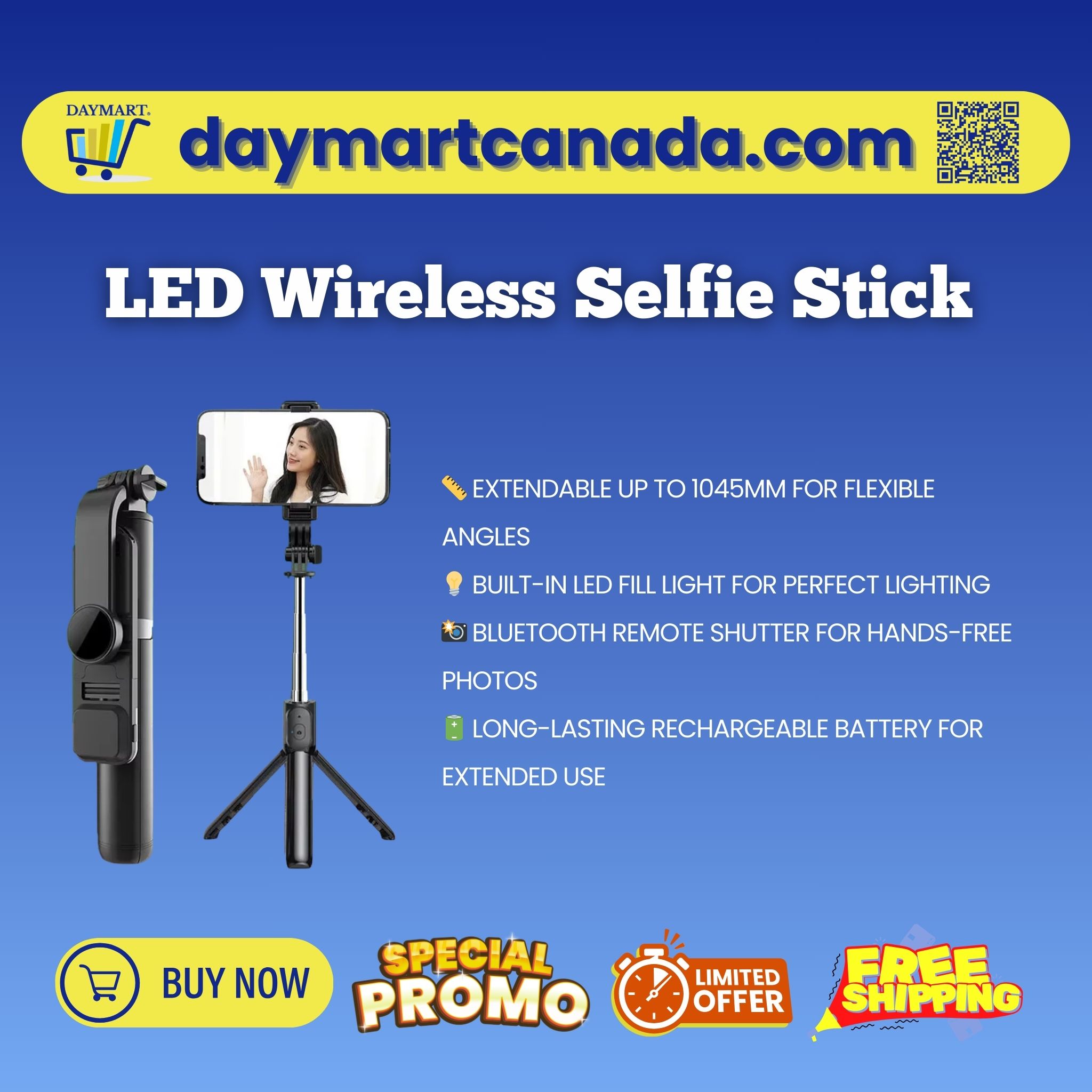 Full view of the LED wireless selfie stick with extendable tripod, compatible with Android and iOS smartphones
