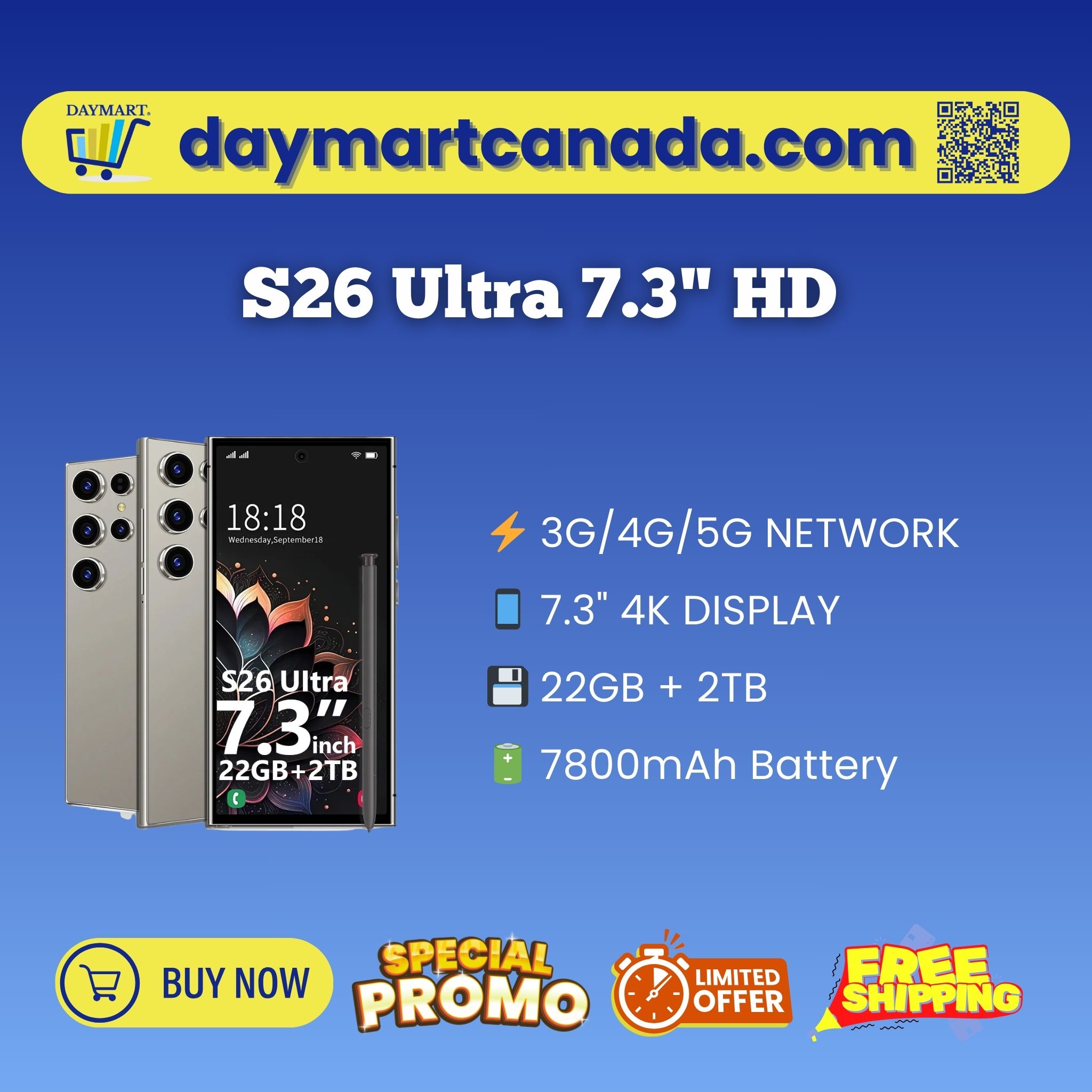 Front view of HOT S26 Ultra smartphone showing 7.3-inch HD display